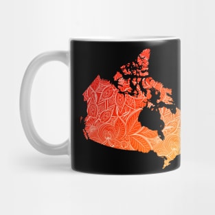 Colorful mandala art map of Canada with text in red and orange Mug